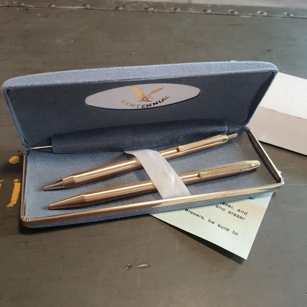 Vintage Centennial Gold-Tone Pen & Mechanical Pencil Set in Gray Velvet Case NOS